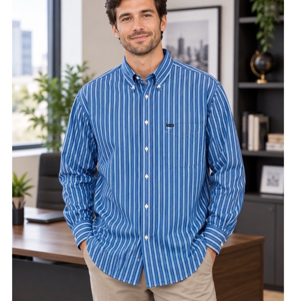 Faconnable Mens XL Blue White Striped Button Down Shirt Long Sleeve Cotton
